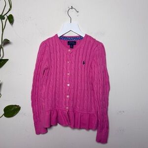 Polo Ralph Lauren Girls Cable Knit Cardigan Sweater with Ruffle Hem  Pink